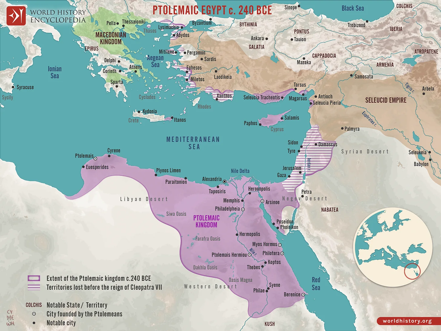 Map of Ptolemaic Egypt and its surrounding territories during the reign of Ptolemy III Euergetes, circa 240 BCE. Source