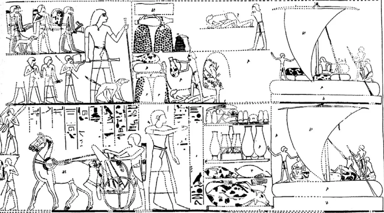 Sketch of Puntites arriving in Egypt on rafts and trading their goods. Source Profiling Punt: using trade relations to locate ‘God’s Land’, pg 55.