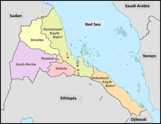 The location of five hot springs in Eritrea. Maiwooi and Akwar from Location 1 (Ghtelai area); Garbanabra and Gelti from Location 2 (Irafayle) and Elegedi from Location 3 (Alid area). Source