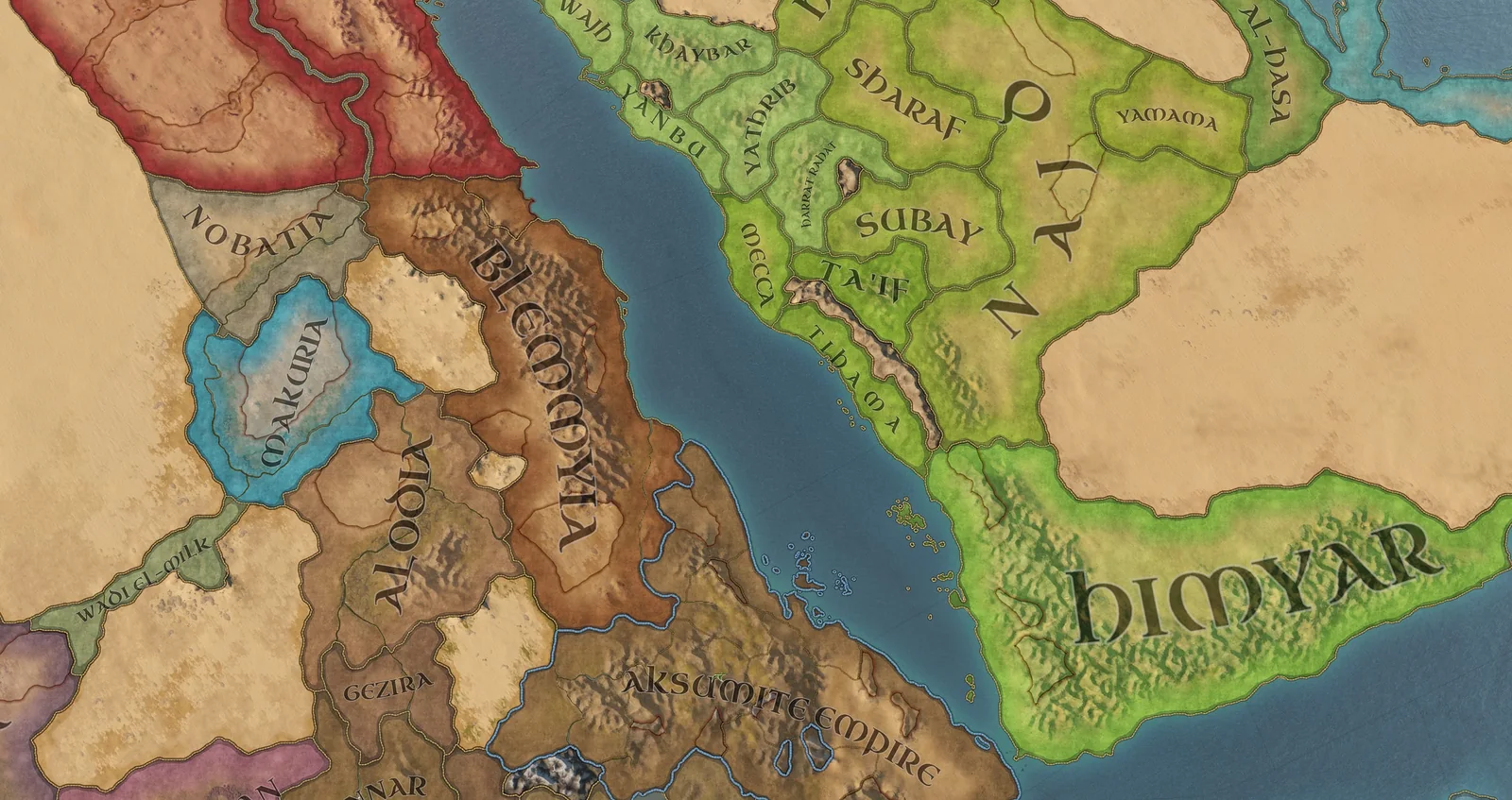 Rough extent of the Aksumite Empire and it’s periphery kingdoms (Himyar, Nobatia, Makuria , Alodia & The Blemmyes) around ~400AD - Own Work.