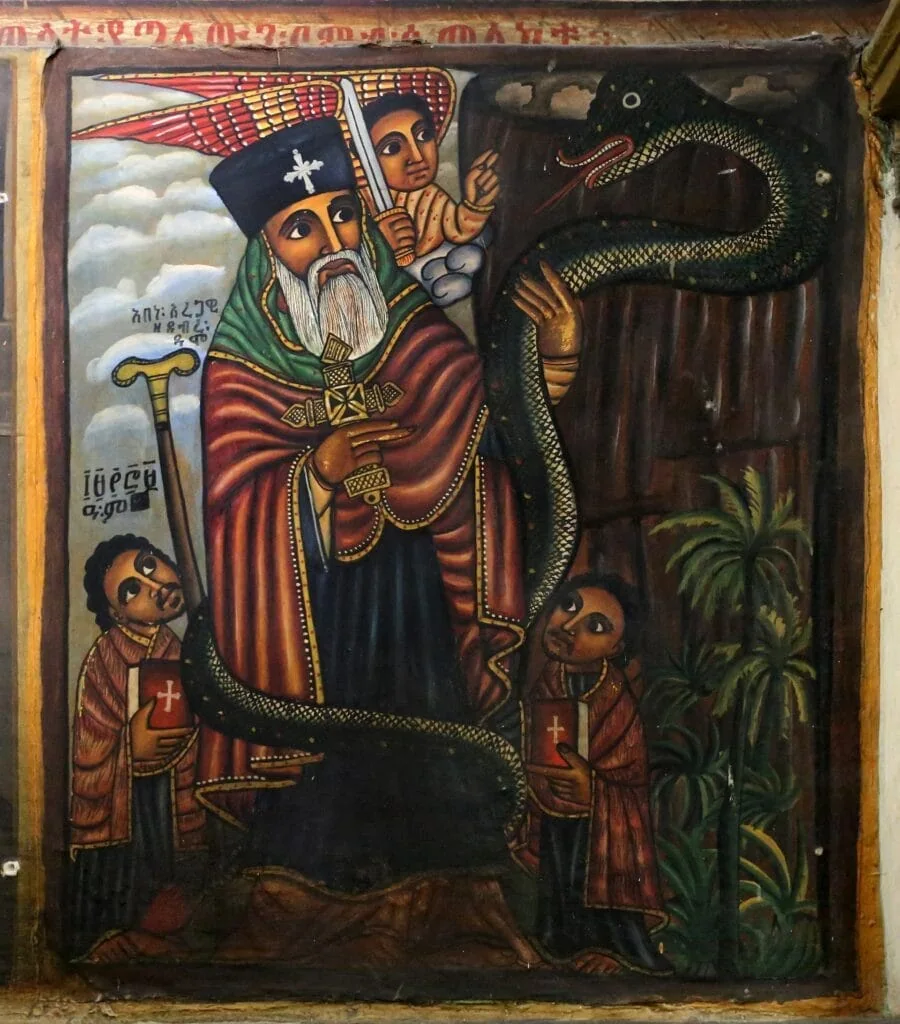 Abuna Aragawi riding a large serpant up Debre Dammo - Painting at St. George's Cathedral, Addis Ababa