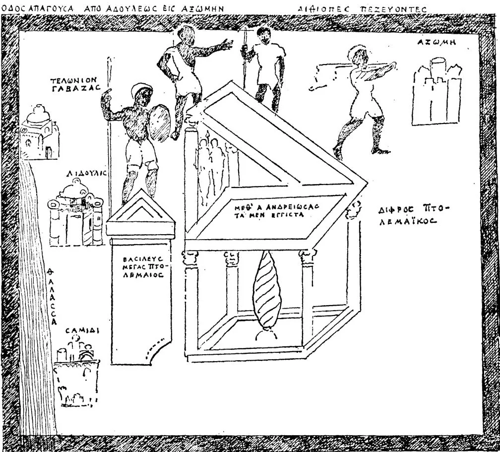 Although not coloured, this black-and-white version of the above map is clearer. Source (The Christian Topography and the Kingdom of Axum, by L. P. Kirwan pg 168)