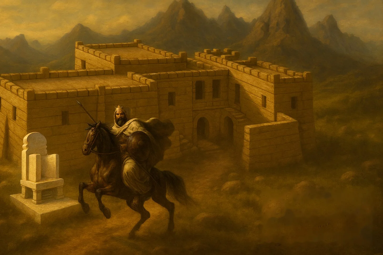 The Conqueror of Monumentum Adulitanum II in front of his royal palace & Marble Throne & Adulis. (The palace is based on archaeologist Dr Daniel Habtemichael's Model ). Own Work.