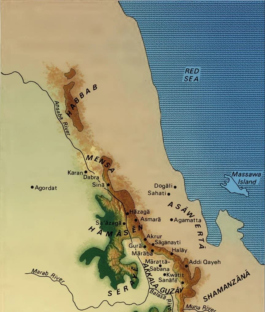 Map of ምድሪ ባሕሪ/Médri Bahri (Land Of The Sea) or መረብ ምላሽ/Märäb Mǝllaš (Land Beyond The Mereb) & surrounding territories. The map is modified from Banditry, Rebellion, and Social Protest in Africa, pg 294.