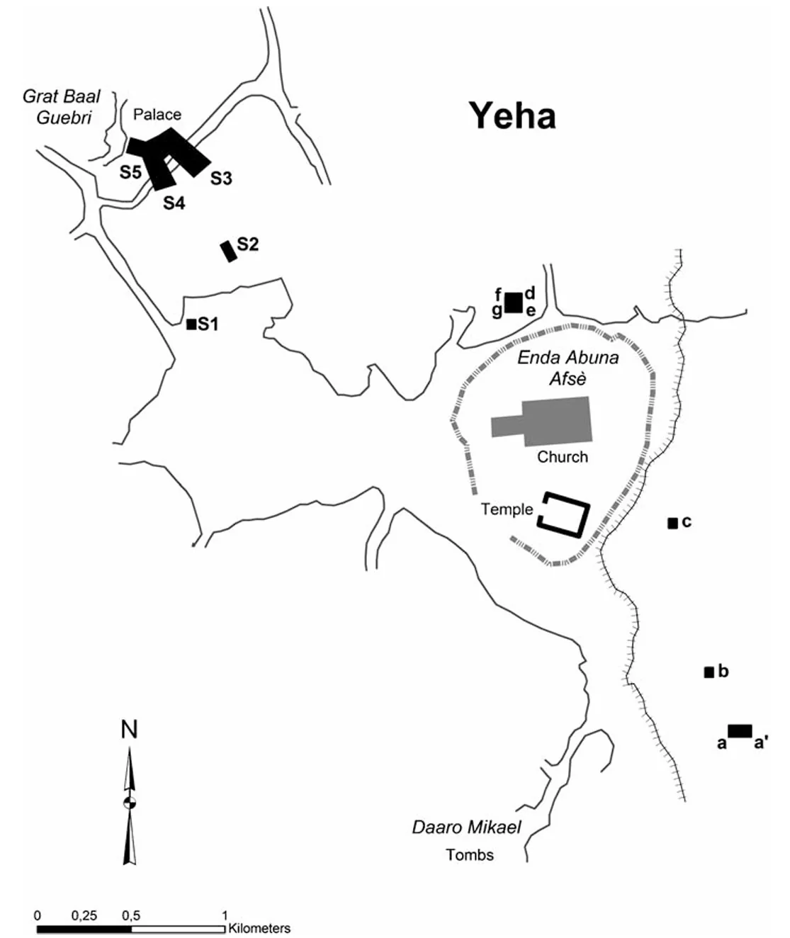 A map depicting the three major pre-Aksumite sites found at Yeha (Source: Reconsidering Yeha, c. 800–400 BC Rodolfo Fattovich, p.g 276)