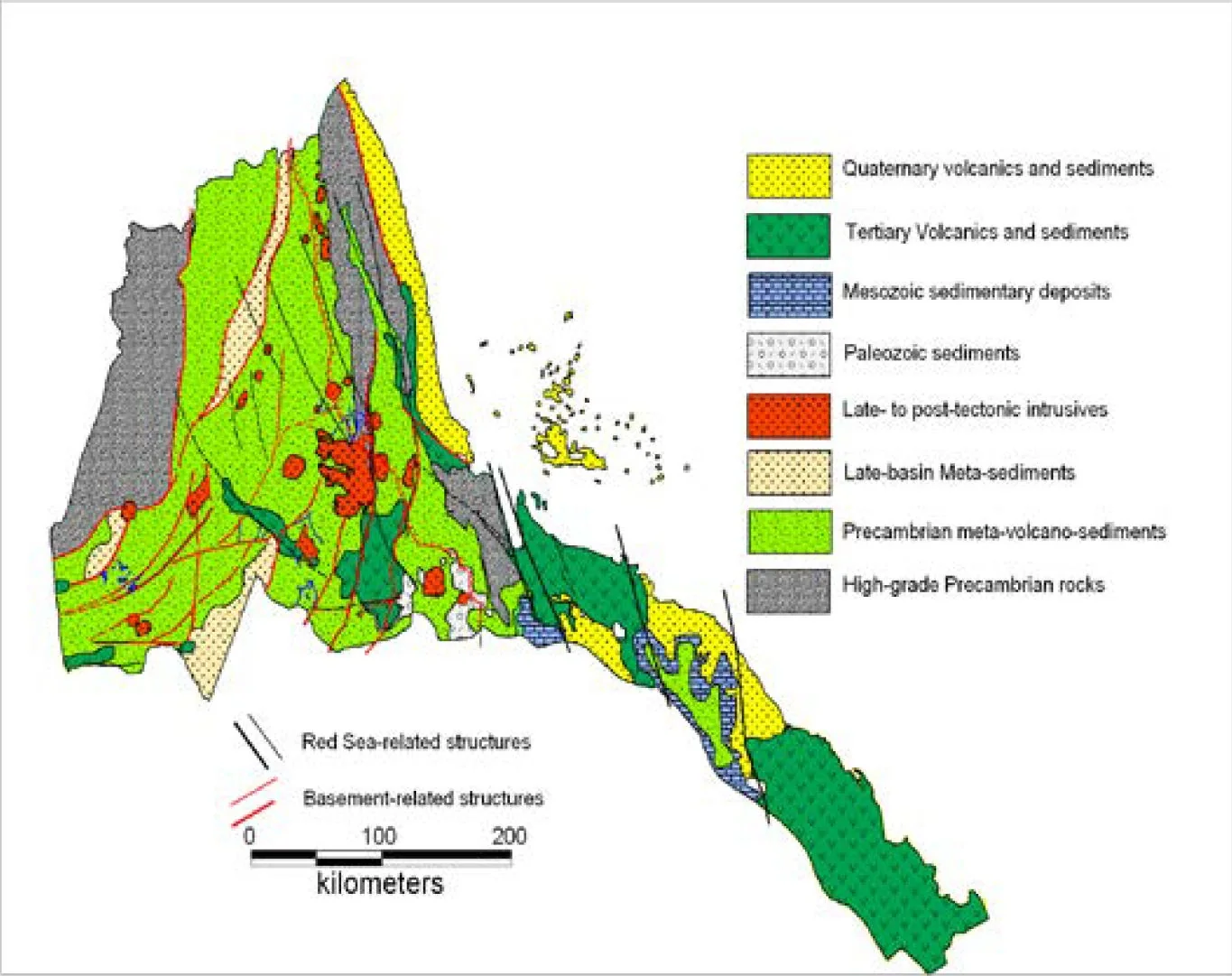 Location of Precambrian Rocks (light green) in Eritrea. Source: Precambrian Crystalline Basement rocks of Eritrea (N.E. Africa) Interpreted by Remote Sensing Technique, pg 1310.