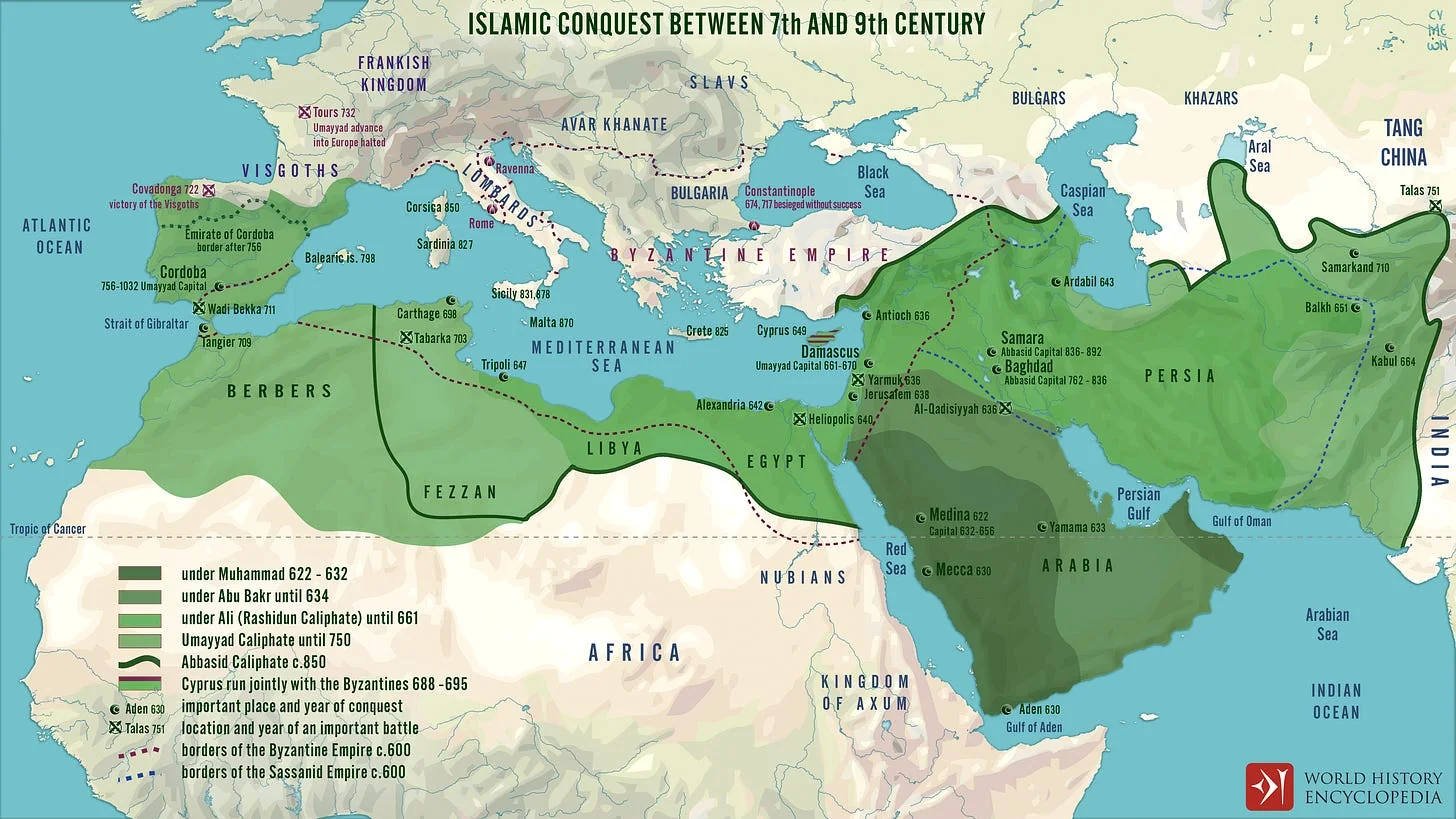 The Early Caliphates Of Islam (Note the size of the Umayyad & Abyassid Caliphates). Source