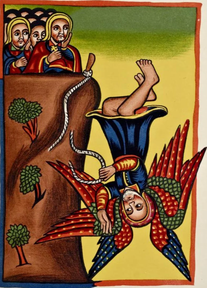 Traditional Manuscript Artwork depicting Saint Takla Haymanot falling from Dabra Dammo. Source: The life of Takla Haymanot, PLATE LXXVII