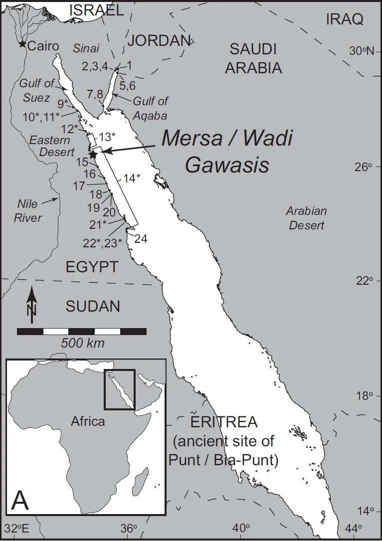 Location of Mersa/Wadi Gawsis. Source: Evolution of a Pharaonic harbor on the Red Sea: Implications for coastal response to changes in sea level and climate, pg 68o.