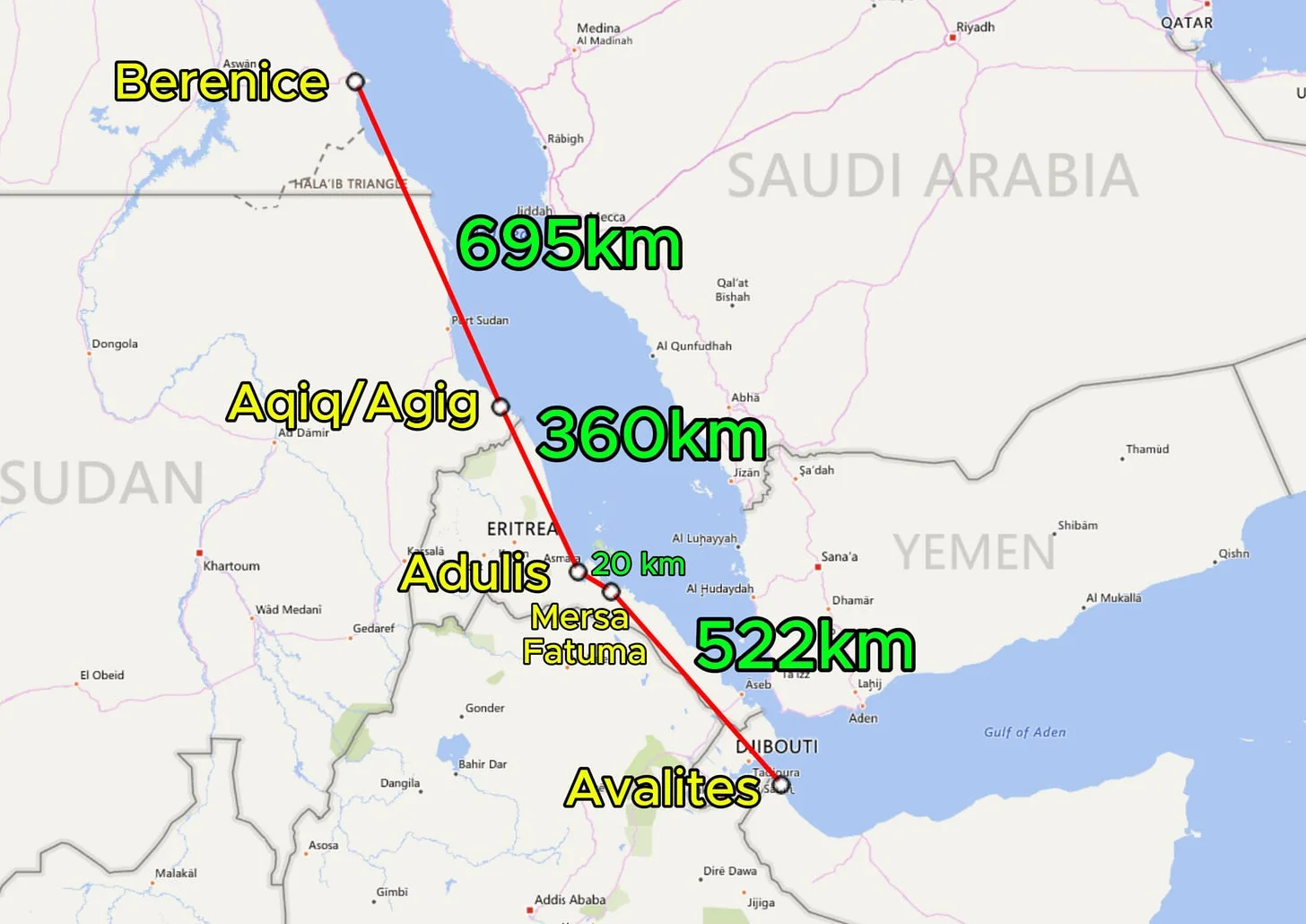 Distance between Berenice and Avalites according to the Periplus of the Erythraean Sea (paragraphs 2–7). Own Work
