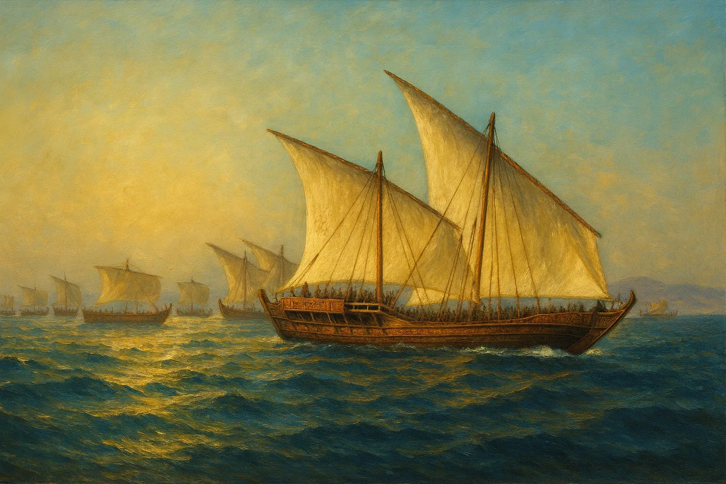 Colourisation of a sketch ‘An Aksumite naval expedition crossing the Red Sea to South Arabia’. Source: A history of Ethiopia in pictures, from Ancient to Modern Times, pg 17.