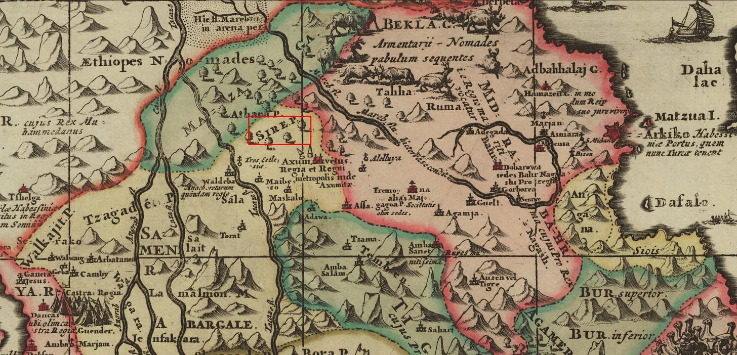 The region of Sire is highlighted in this snippet of a map of Abyssinia by Ludolf & Gorgoryos, 1683. Source