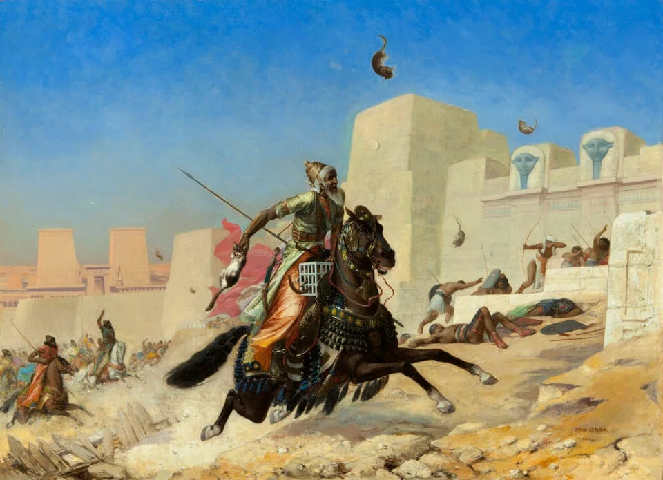 According to the Greek writer, Polyaenus, c. 200 C.E., the Persians, during their successful attempt at occupying Egypt (525 BCE). Paul-Marie Lenoir, 1872.