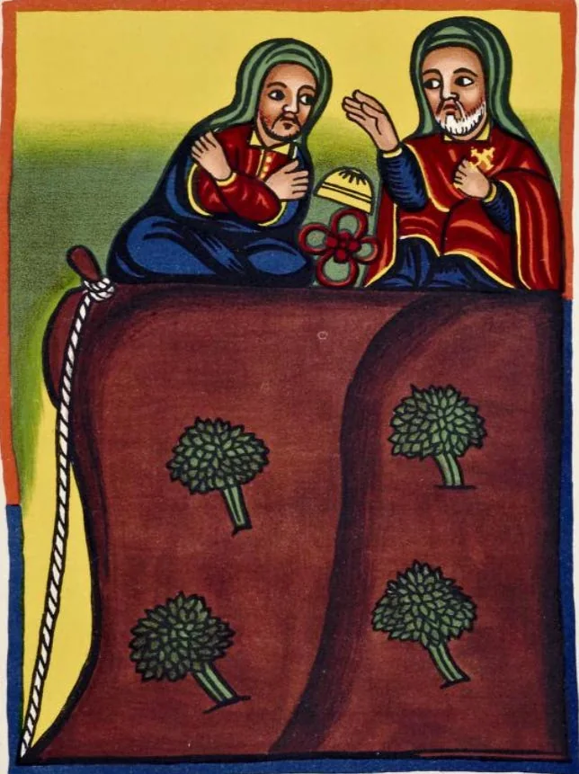 Traditional Manuscript Artwork, depicting Takla Haymanot & Abba Yohanni conversing on top of Dabra Damo. The life of Takla Haymanot, PLATE LXXVI