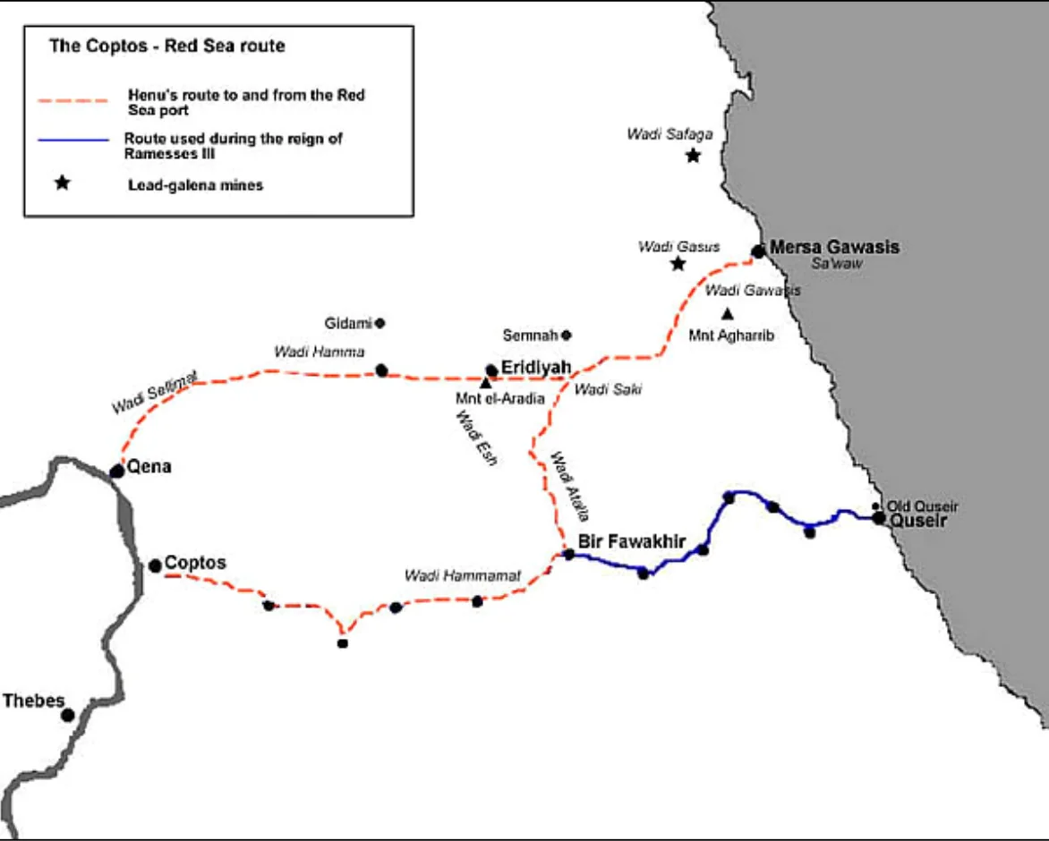 Routes used by the Ancient Egyptians to reach the Red Sea (note the locations of Koptos, Wadi Gawasis, and Mersa Gawasis). Source: Profiling Punt: using trade relations to locate ‘God’s Land’, pg 35.