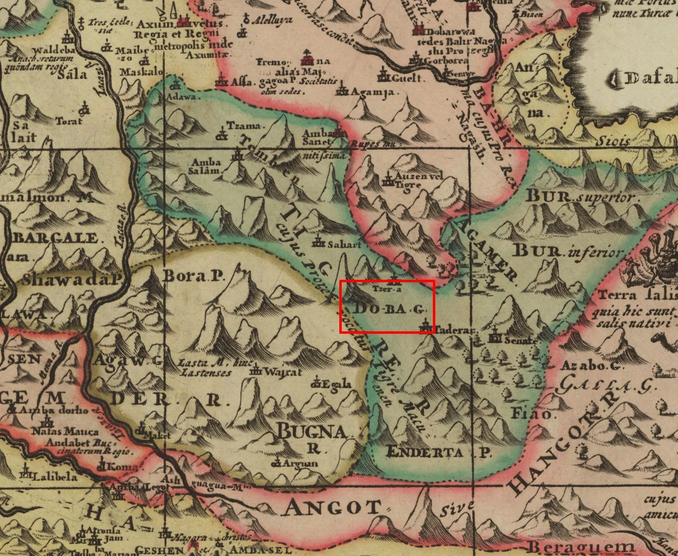 The region of Dobe’a is highlighted in this snippet of a map of Abyssinia by Ludolf & Gorgoryos, 1683. Source