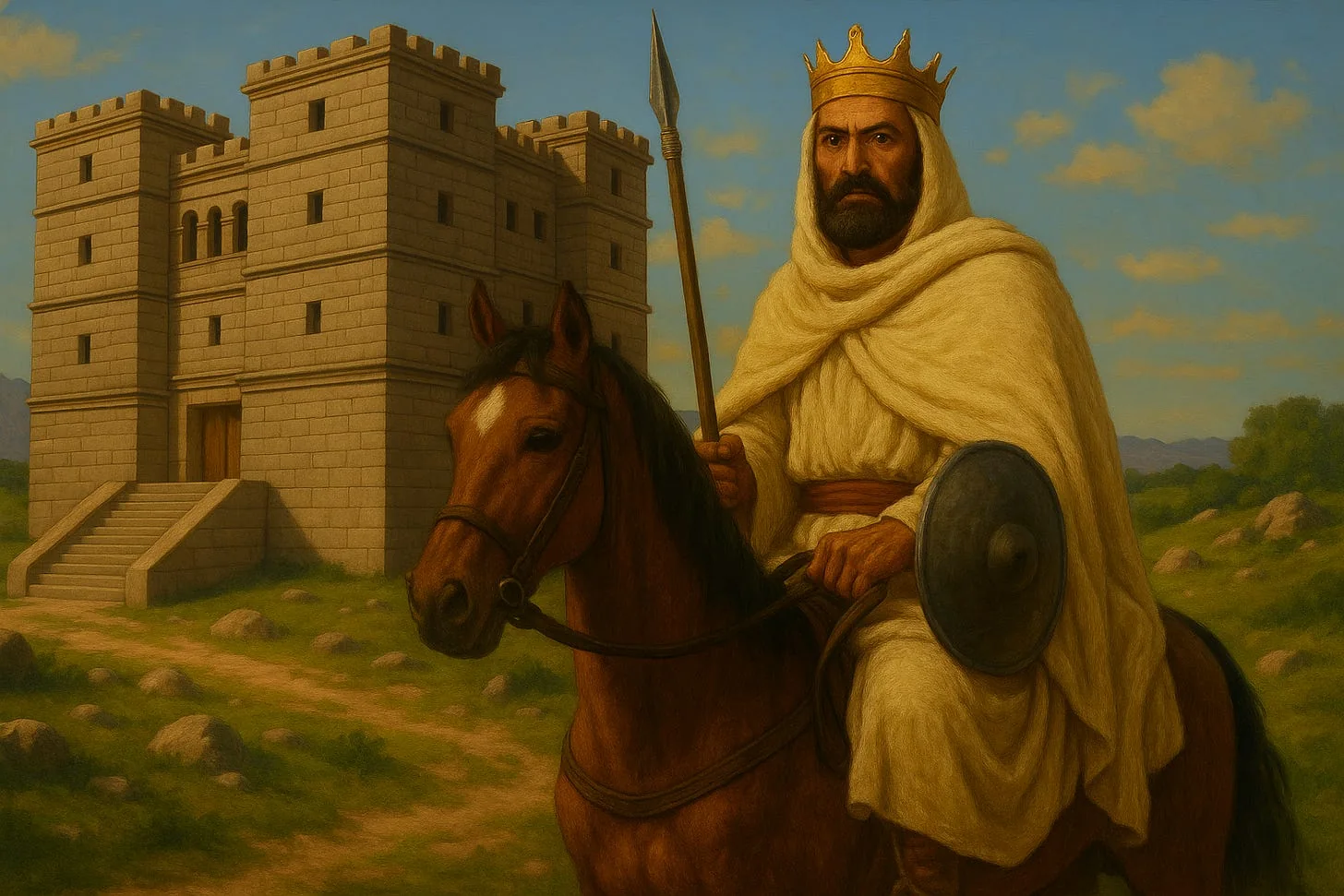 The Conqueror of Monumentum Adulitanum II in front of his royal palace near Aksum. Own Work.