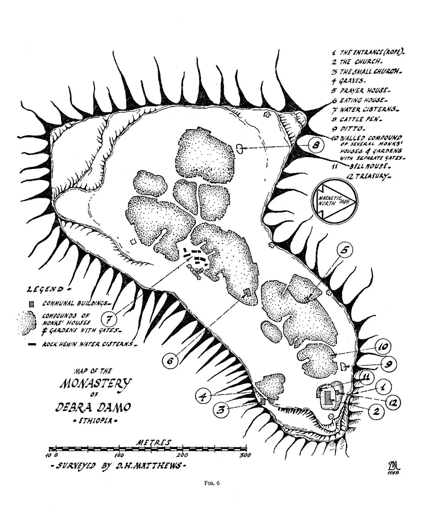 Map Of Dabra Dammo (North is to the East, I recommend viewing the map from the side). Source: Matthews, D. H. (1949). The Restoration of the Monastery Church of Debra Damo, pg 197