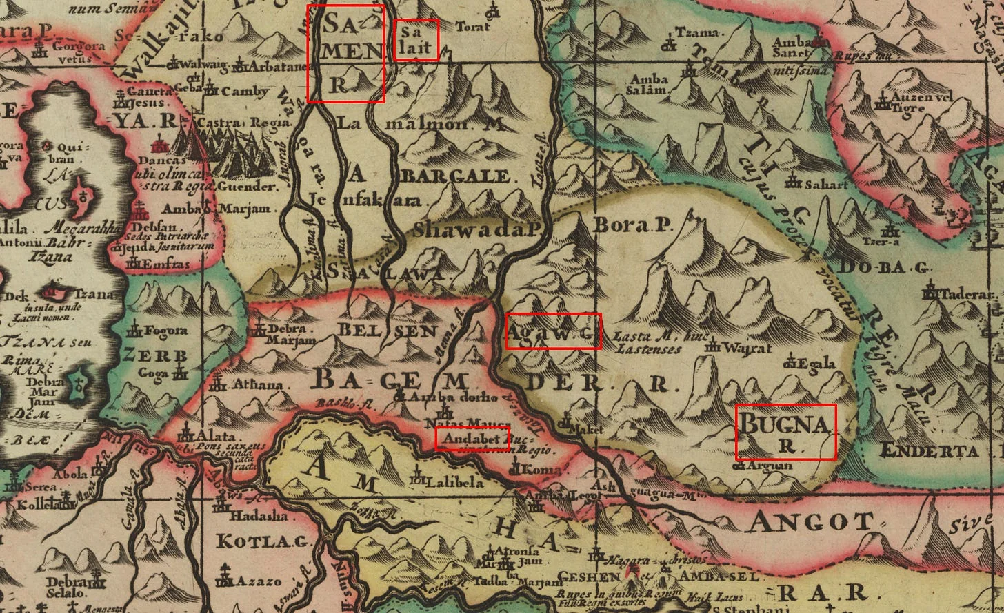 The regions of Samen, Salait, Bugna, Agaw and Andabet is highlighted in this snippet of a map of Abyssinia by Ludolf & Gorgoryos, 1683. Source