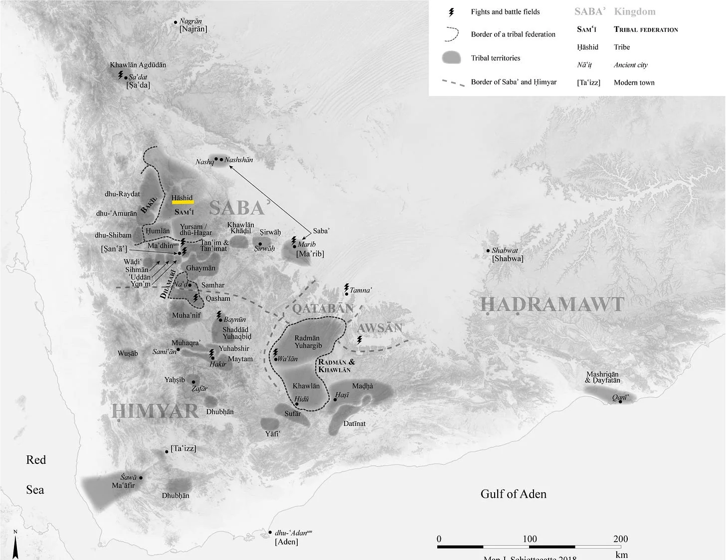 Tribal and political map of South Arabia in the second century CE, Source: The kingdom of Sabaʾ in the second century CE, pg 2. Take note of the Hashid tribal group, highlighted in yellow.