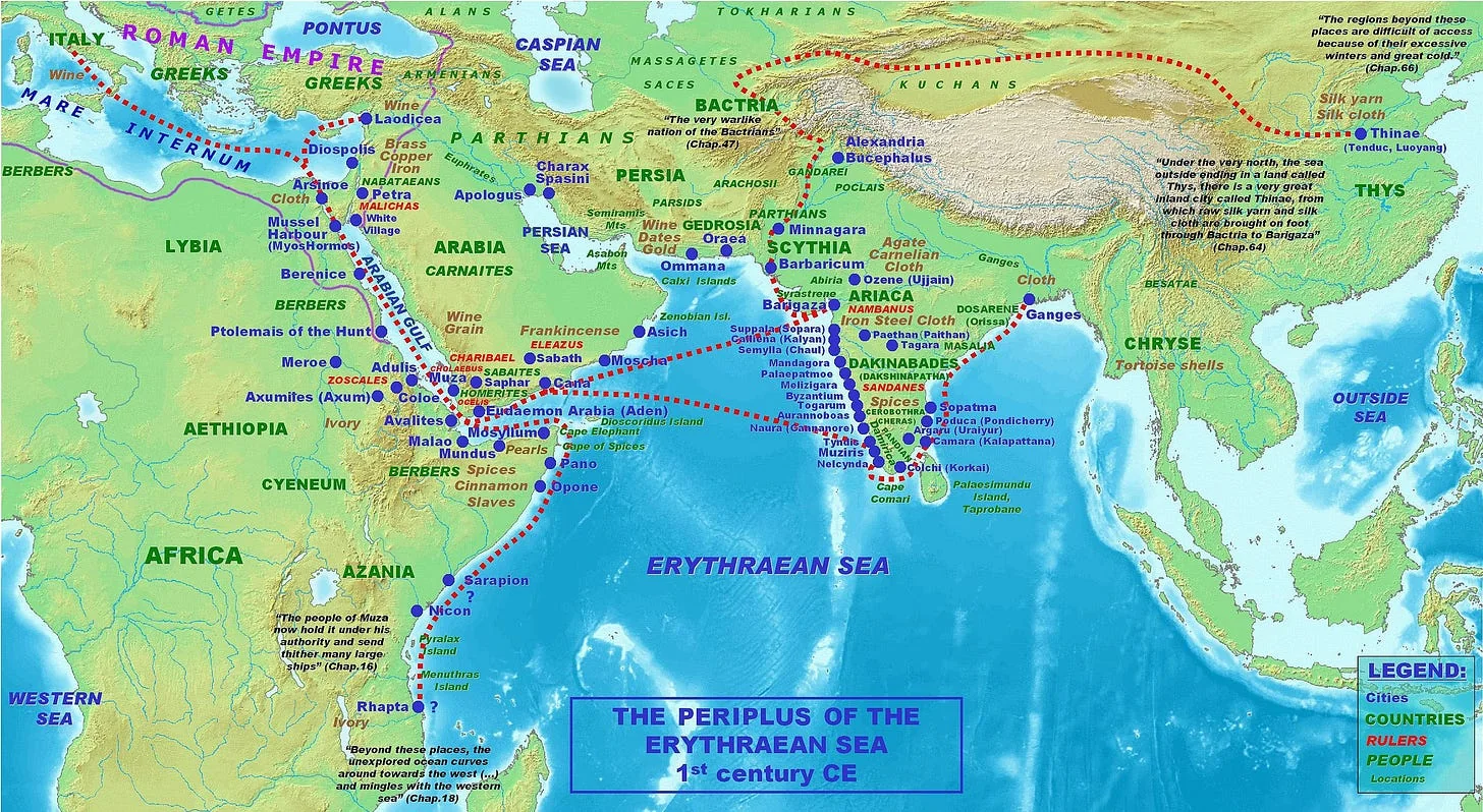 Names, routes and locations of the Periplus of the Erythraean Sea. Source