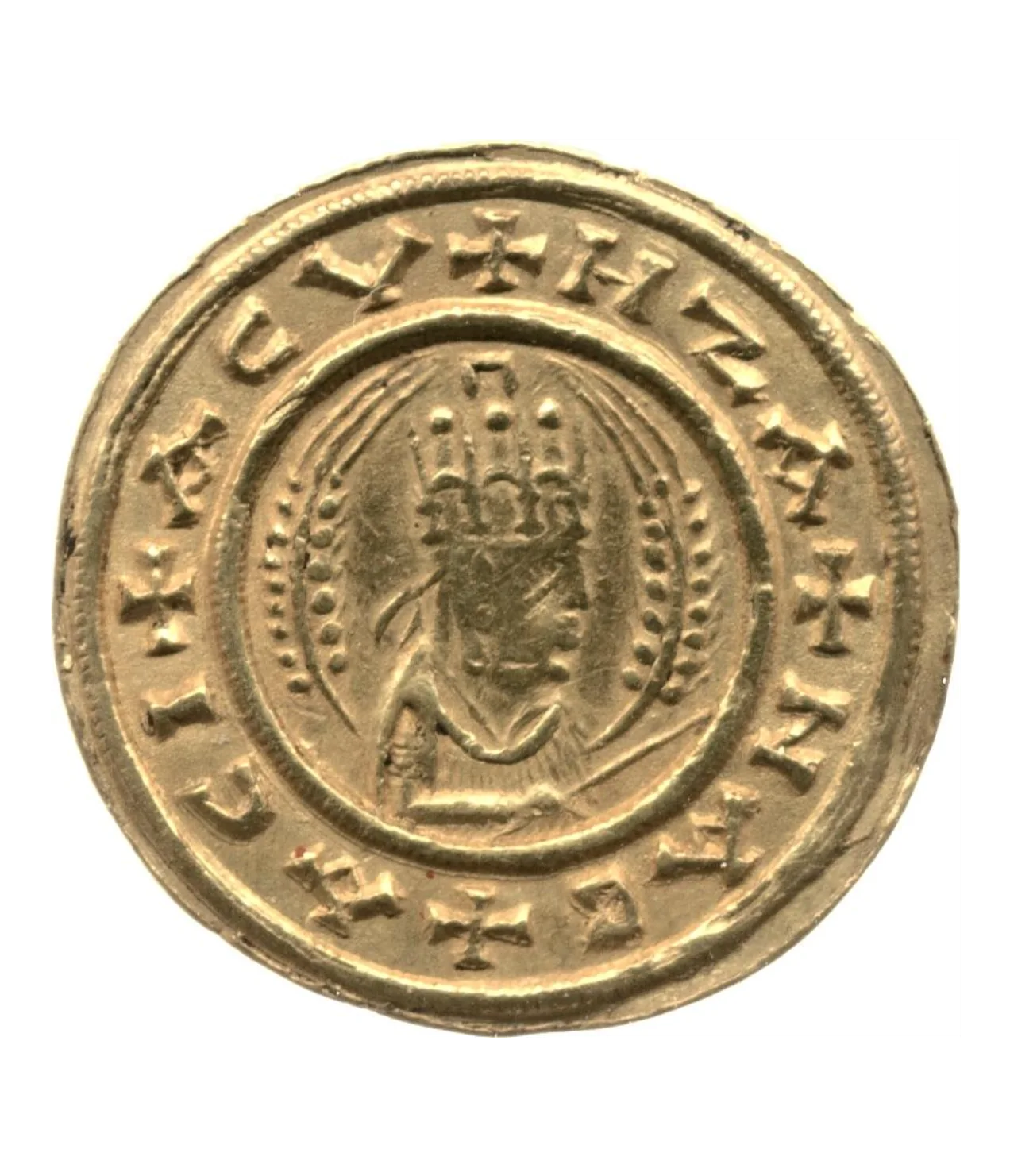 Gold Aksumite Coin, depicting Emperor Ezana, note the cross symbol on the top. (Source)