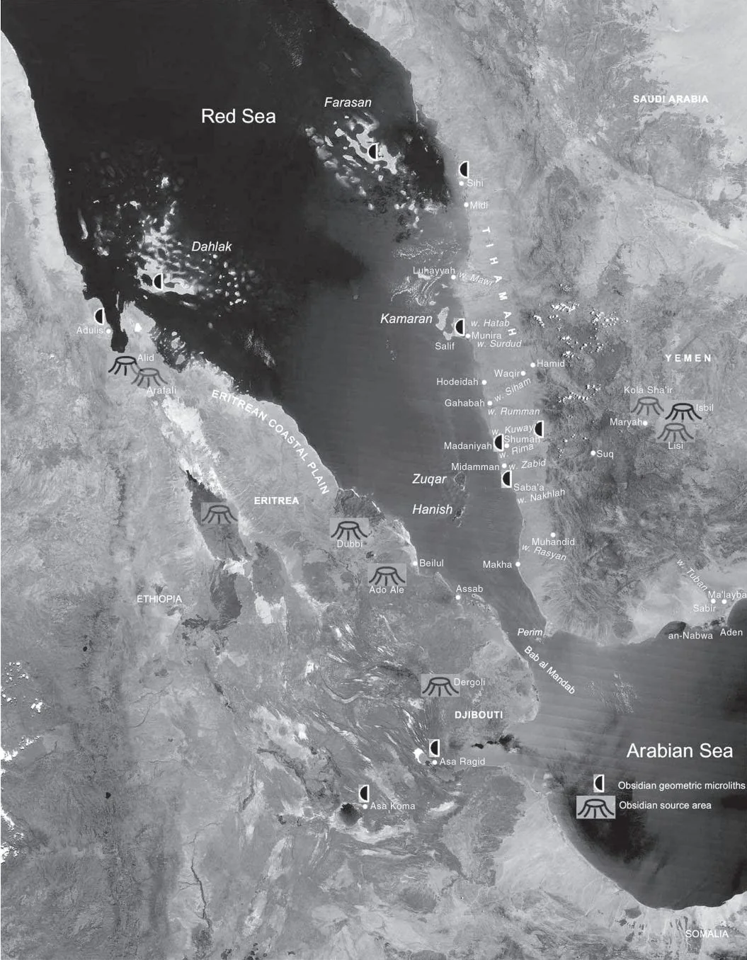 Map showing sources of Obsidian in Eritrea, Djibouti & Yemen. Source: Holocene Obsidian Exchange in the Red Sea Region, page 19.