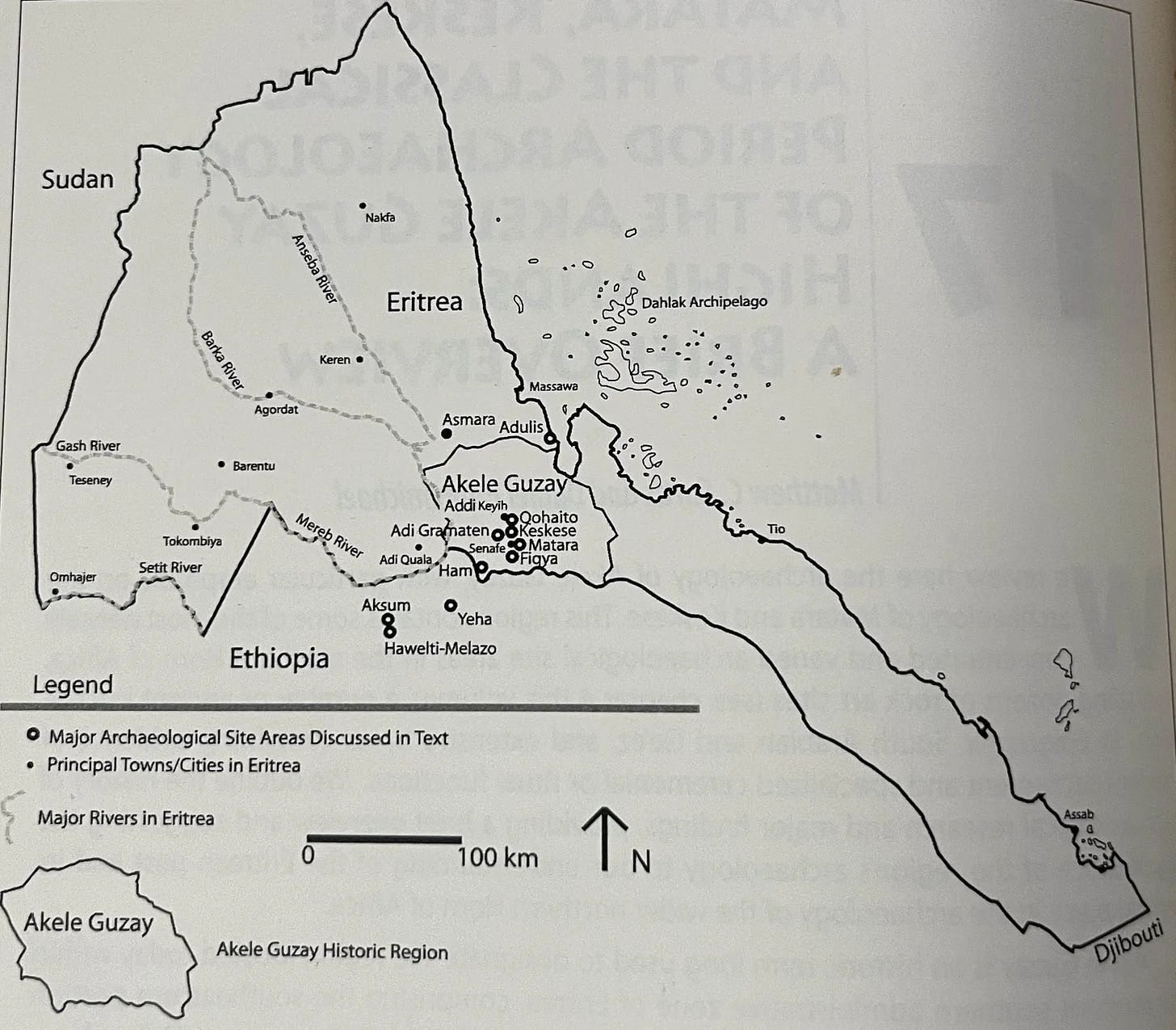 Map of archaeological sites in Eritrea’s Akkälä Guzay region from antiquity, alongside present-day cities. Source: The Archaeology of Ancient Eritrea, p. 312