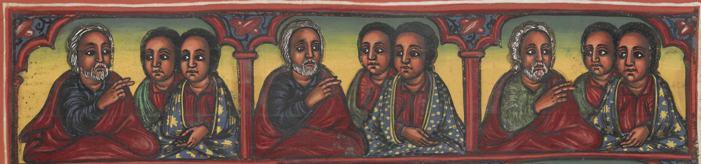 Illuminated Ethiopian manuscript detail showing three repeated groups of an elder speaking to two seated figures beneath painted arches.