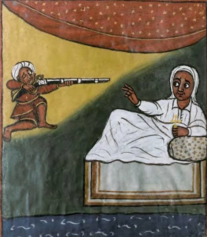 Ethiopian manuscript painting showing a gunman firing at Emperor Iyasu I as he reclines on a bed.