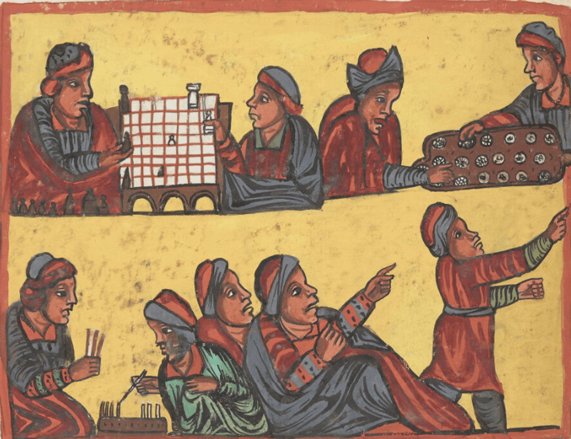 A painted manuscript page on a yellow ground: two robed men play senterej at a chequered board on an arcaded table, another holds out a gäbäṭa board of cups, and below them seated figures point and argue over smaller boards.