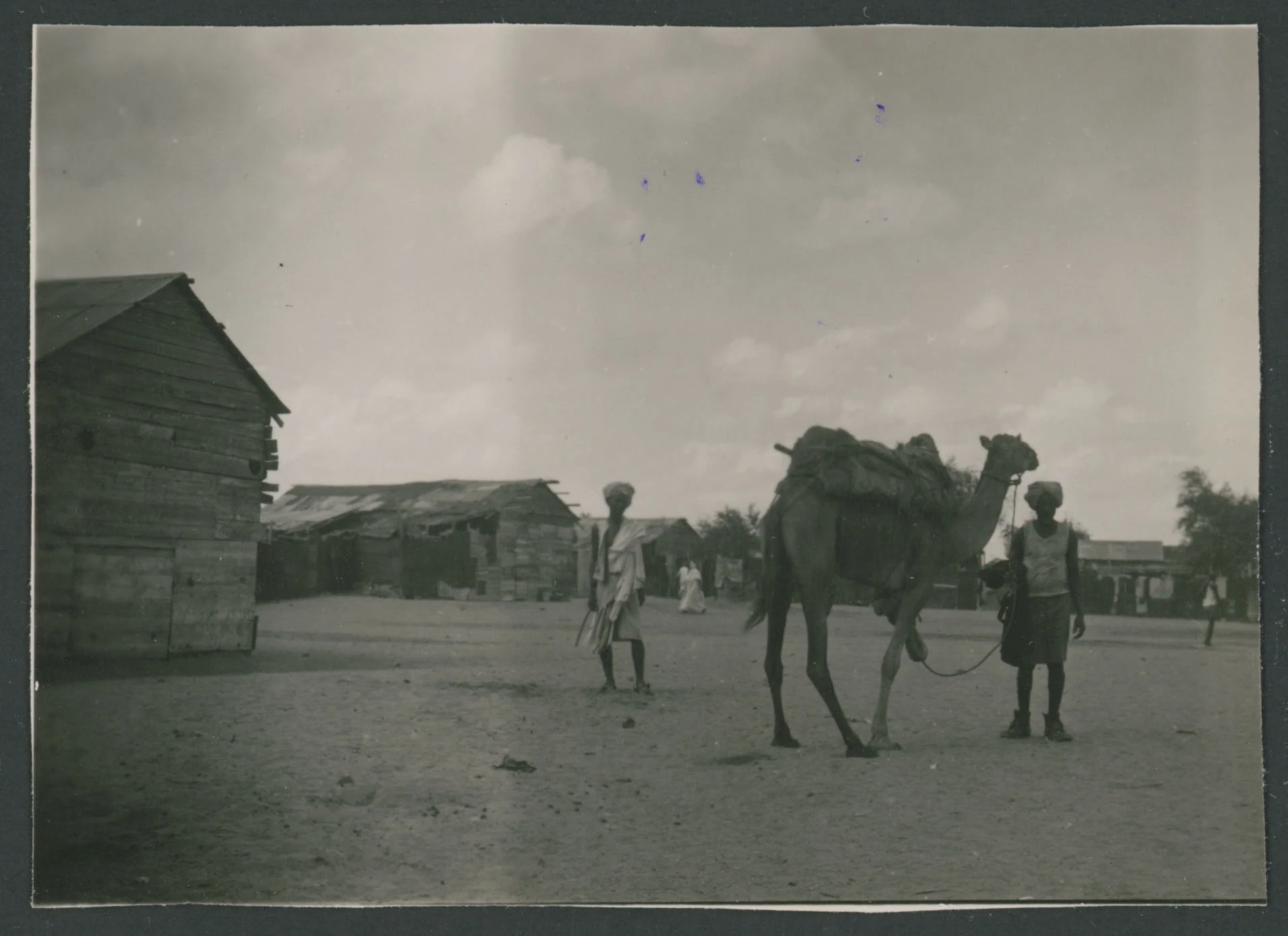 Un dromedario e due persone in posa di fronte a capanne di legno in Eritrea
1 provino fotografico : gelatina a sviluppo
Titolo manoscritto sul verso
Nota manoscritta sul verso: Agordat Eritrea; Bassopiano Orientale