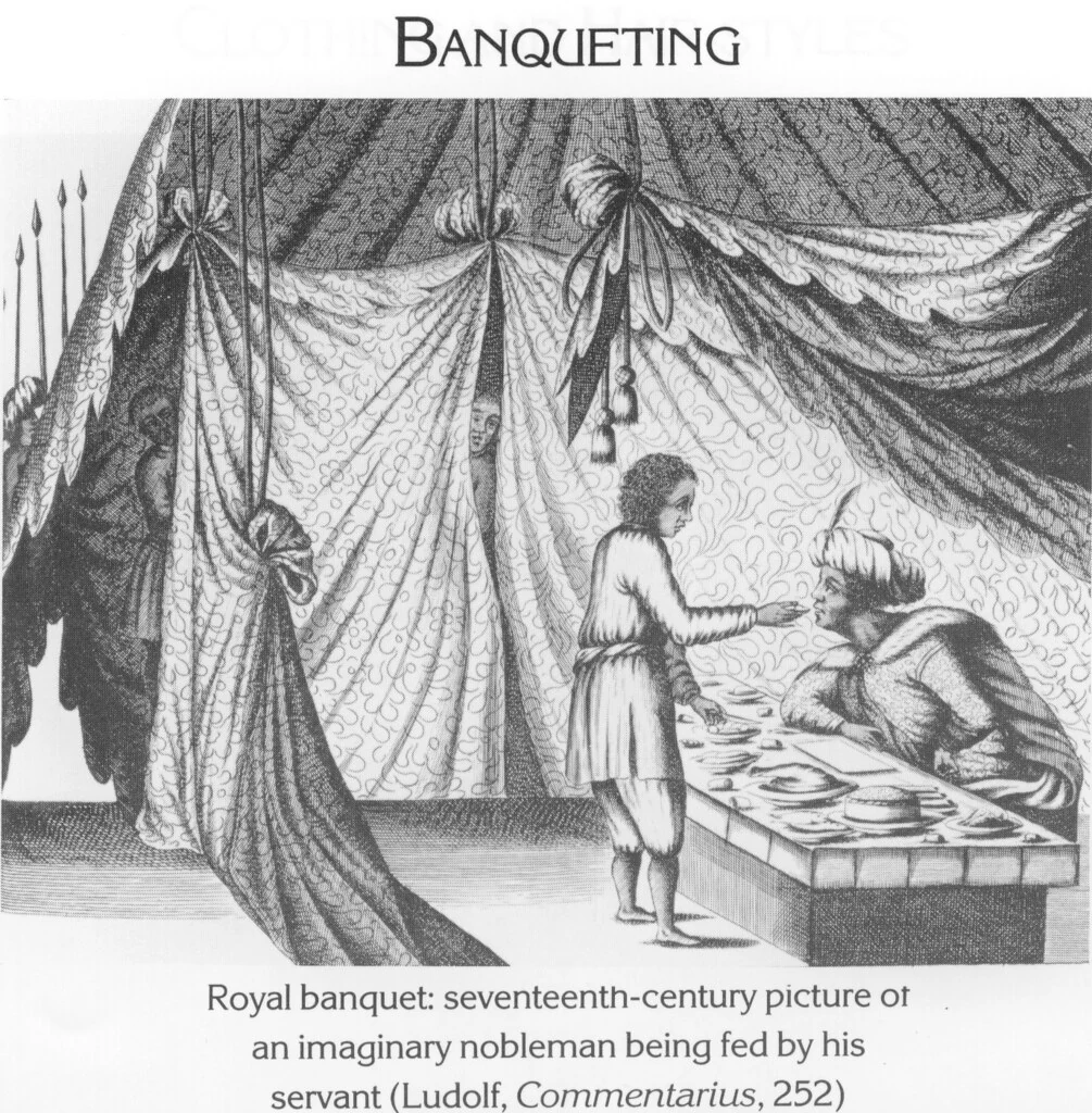Royal banquet: seventeenth-century picture of an imaginary nobleman being fed by his servant (Ludolf, Commentarius, 252)