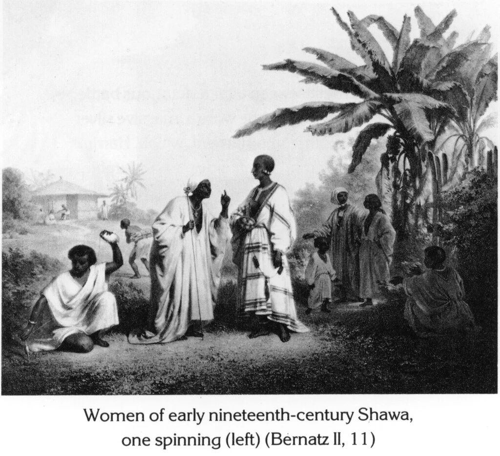 Women of early nineteenth-century Shawa, one spinning (left) (Bernatz II, 11)