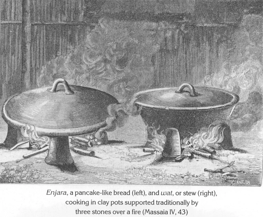 Enjara, a pancake-like bread (left), and wat, or stew (right), cooking in clay pots supported traditionally by three stones over a fire (Massaia IV, 43)