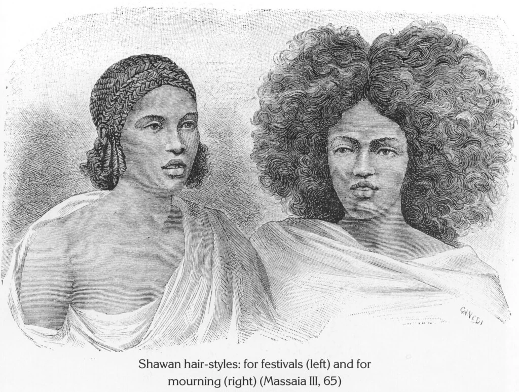 Shawan hair-styles: for festivals (left) and for mourning (right) (Massaia III, 65)