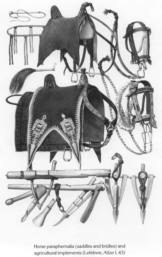 Horse paraphernalia (saddles and bridles) and agricultural implements (Lefebvre, Atlas I, 43)