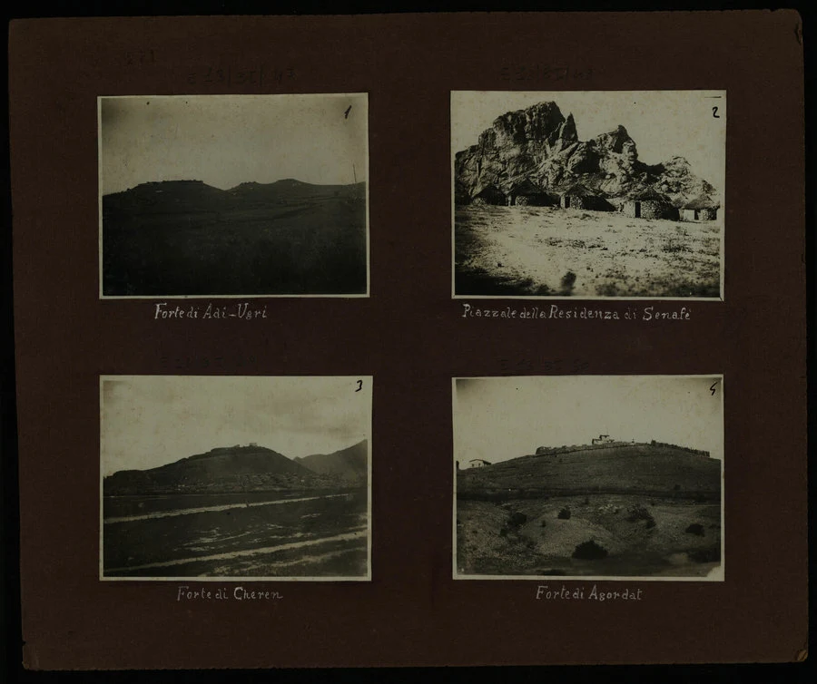 Adi Ugri. Il forte. 1910 - Senafè. Piazzale della Residenza di Senafè. 1910 - Cheren. Forte. 1910 - Agordat. Forte. 1910