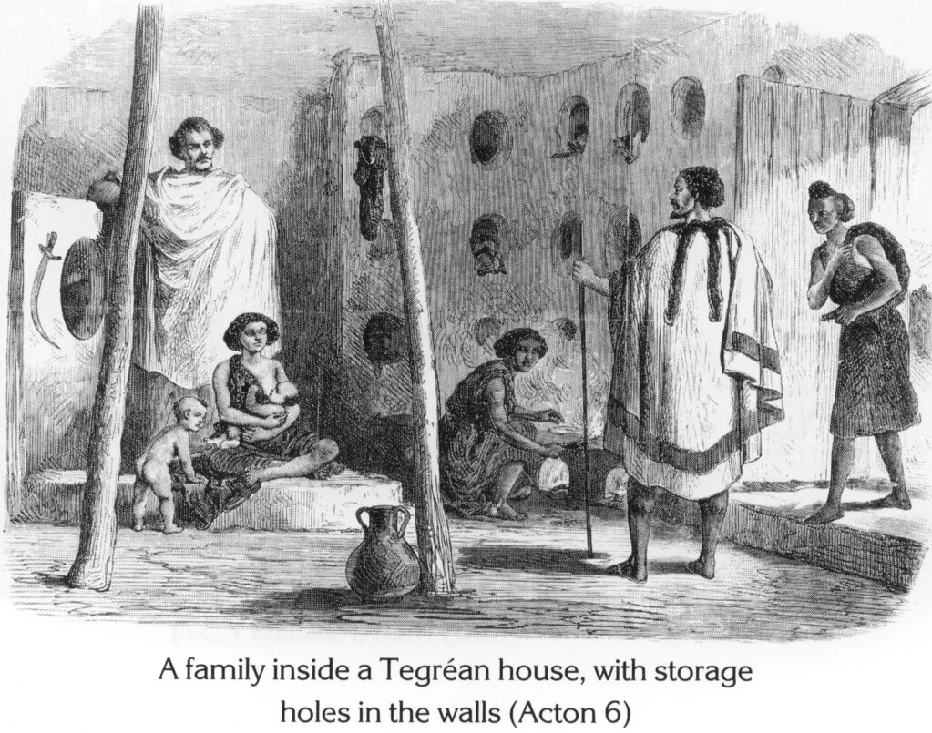 A family inside a Tegréan house, with storage holes in the walls (Acton 6)