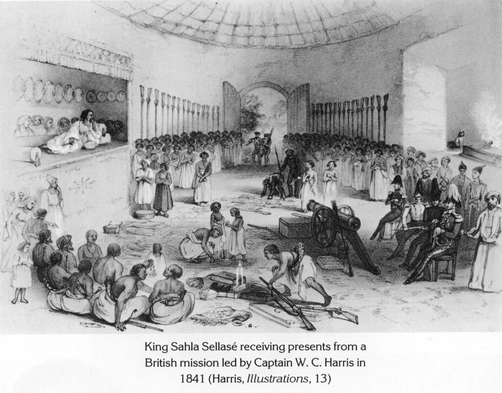 King Sahla Sellasé receiving presents from a British mission led by Captain W. C. Harris in 1841 (Harris, Illustrations, 13)