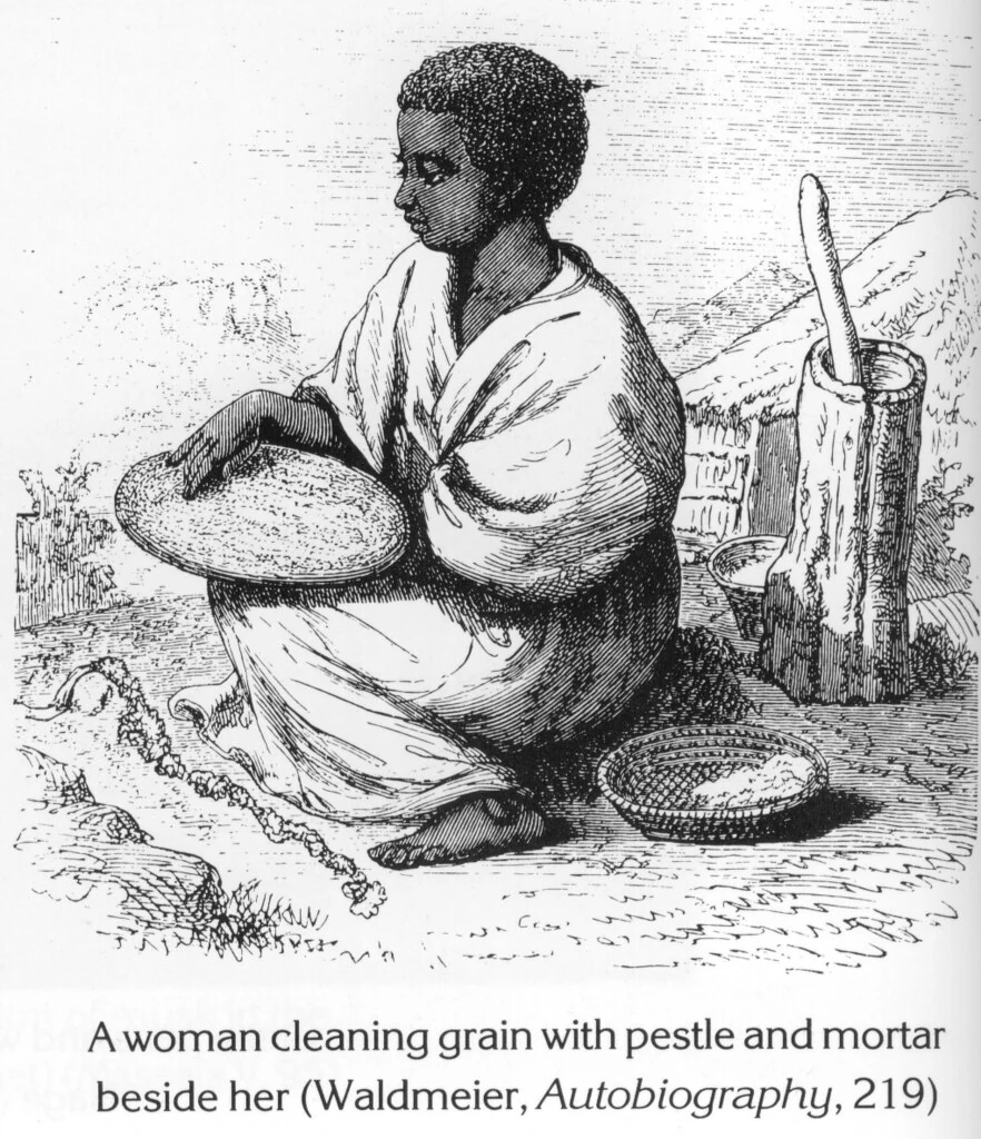 A woman cleaning grain with pestle and mortar beside her (Waldmeier, Autobiography, 219)