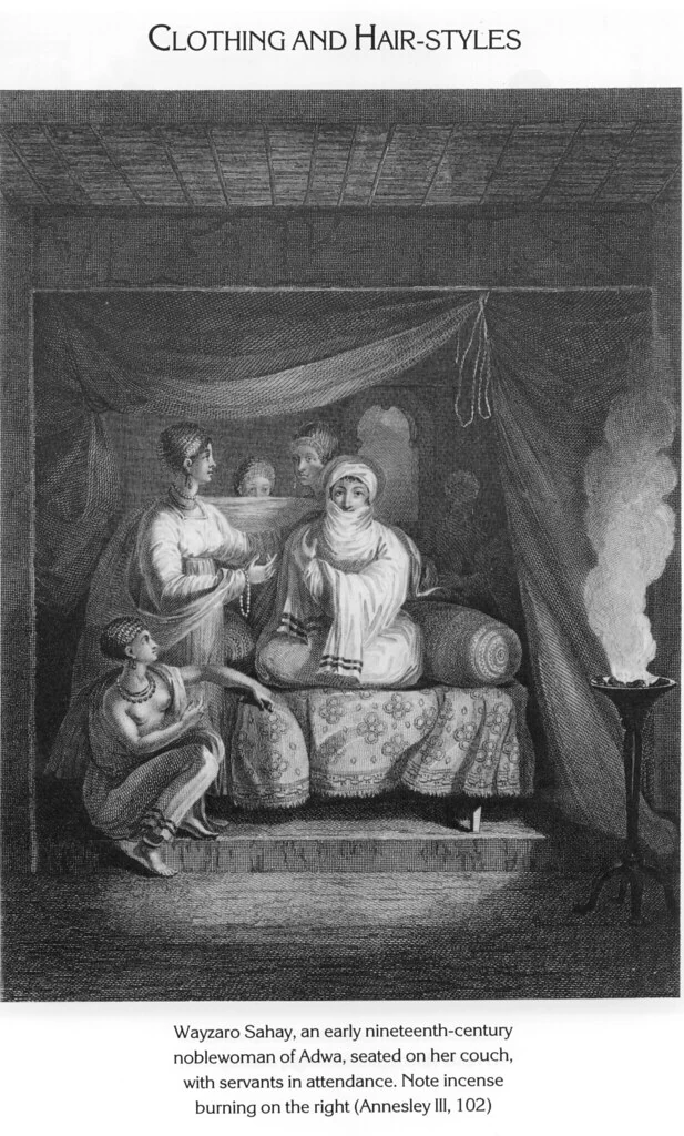 Wayzaro Sahay, an early nineteenth-century noblewoman of Adwa, seated on her couch, with servants in attendance. Note incense burning on the right (Annesley III, 102)