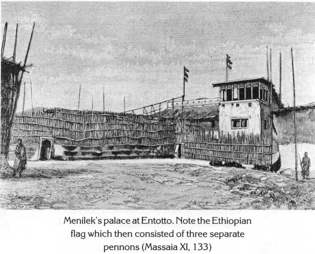 Menilek’s palace at Entotto. Note the Ethiopian flag which then consisted of three separate pennons (Massaia XI, 133)
