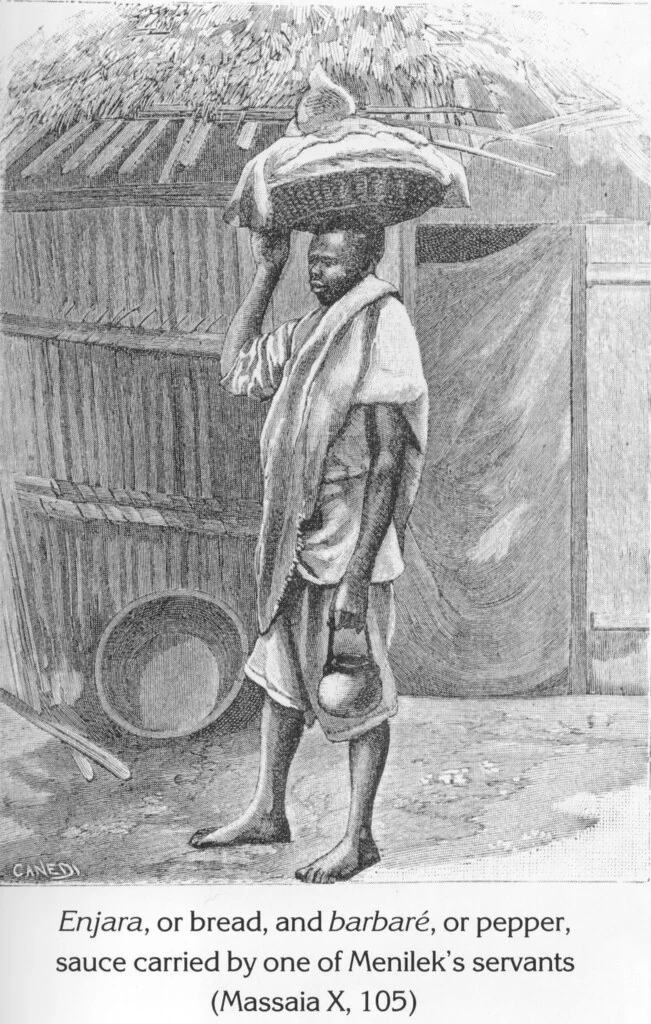 Enjara, or bread, and barbaré, or pepper, sauce carried by one of Menilek's servants (Massaia X, 105)