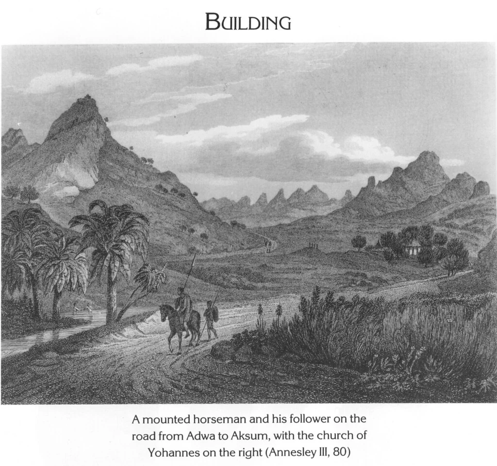 A mounted horseman and his follower on the road from Adwa to Aksum, with the church of Yohannes on the right (Annesley III, 80)