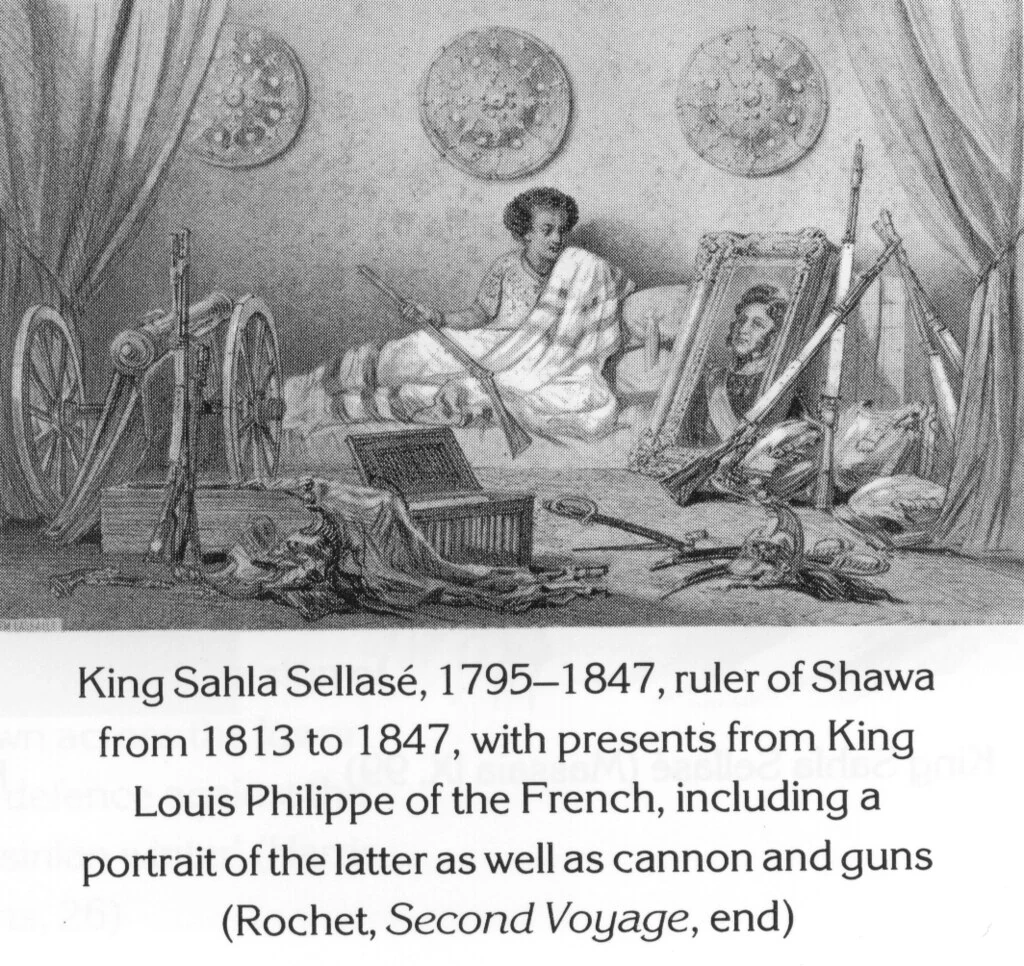 King Sahla Sellasé, 1795–1847, ruler of Shawa from 1813 to 1847, with presents from King Louis Philippe of the French, including a portrait of the latter as well as cannon and guns (Rochet, Second Voyage, end)