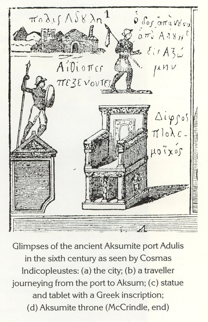 Glimpses of the ancient Aksumite port Adulis in the sixth century as seen by Cosmas Indicopleustes: (a) the city; (b) a traveller journeying from the port to Aksum; (c) statue and tablet with a Greek inscription; (d) Aksumite throne (McCrindle, end)