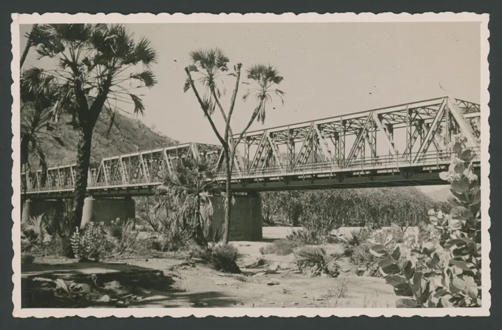Ponte sul fiume Barca della strada Asmara-Tessenei in Eritrea
1 cartolina fotografica : gelatina a sviluppo
Titolo manoscritto sul verso
Timbro sul verso: Reg. E. Lusvardi Riproduzione vietata;
Nota manoscritta sul verso: 860; Eritrea - Ponte sul Barca della strada Asmara-Tessenei (strada per il Sudan)