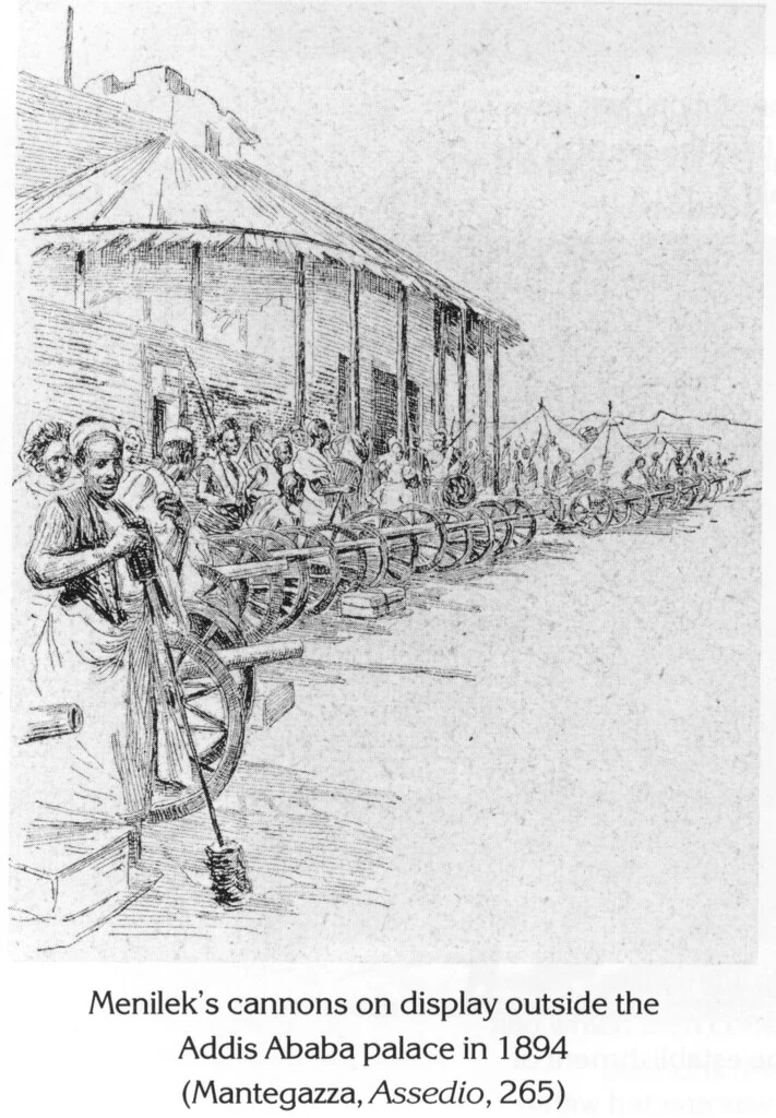 Menilek’s cannons on display outside the Addis Ababa palace in 1894 (Mantegazza, Assedio, 265)