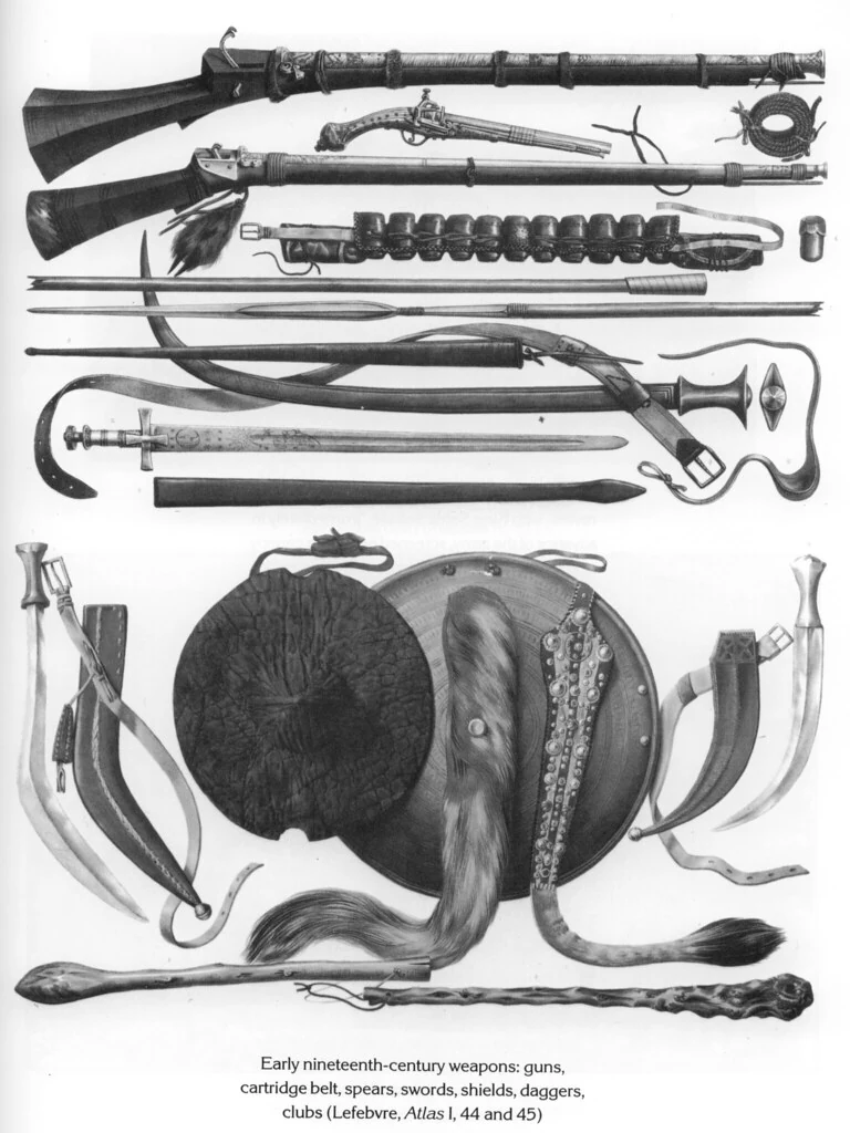 Early nineteenth-century weapons: guns, cartridge belt, spears, swords, shields, daggers, clubs (Lefebvre, Atlas I, 44 and 45)